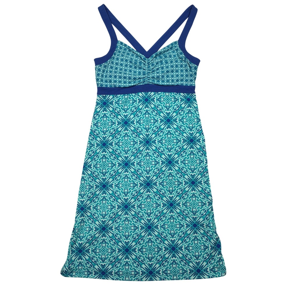 Dakini Sundress Women Medium Blue Teal Geometric Floral Empire Jersey Knit
